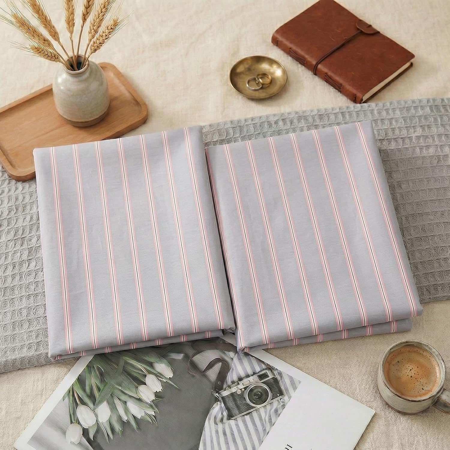 Merryword Standard Size Pillowcases, 100% Cotton Pillow Cases, Gray and Pink Striped Pillowcases, Soft Breathable Wide Stripes Pillow Cover…