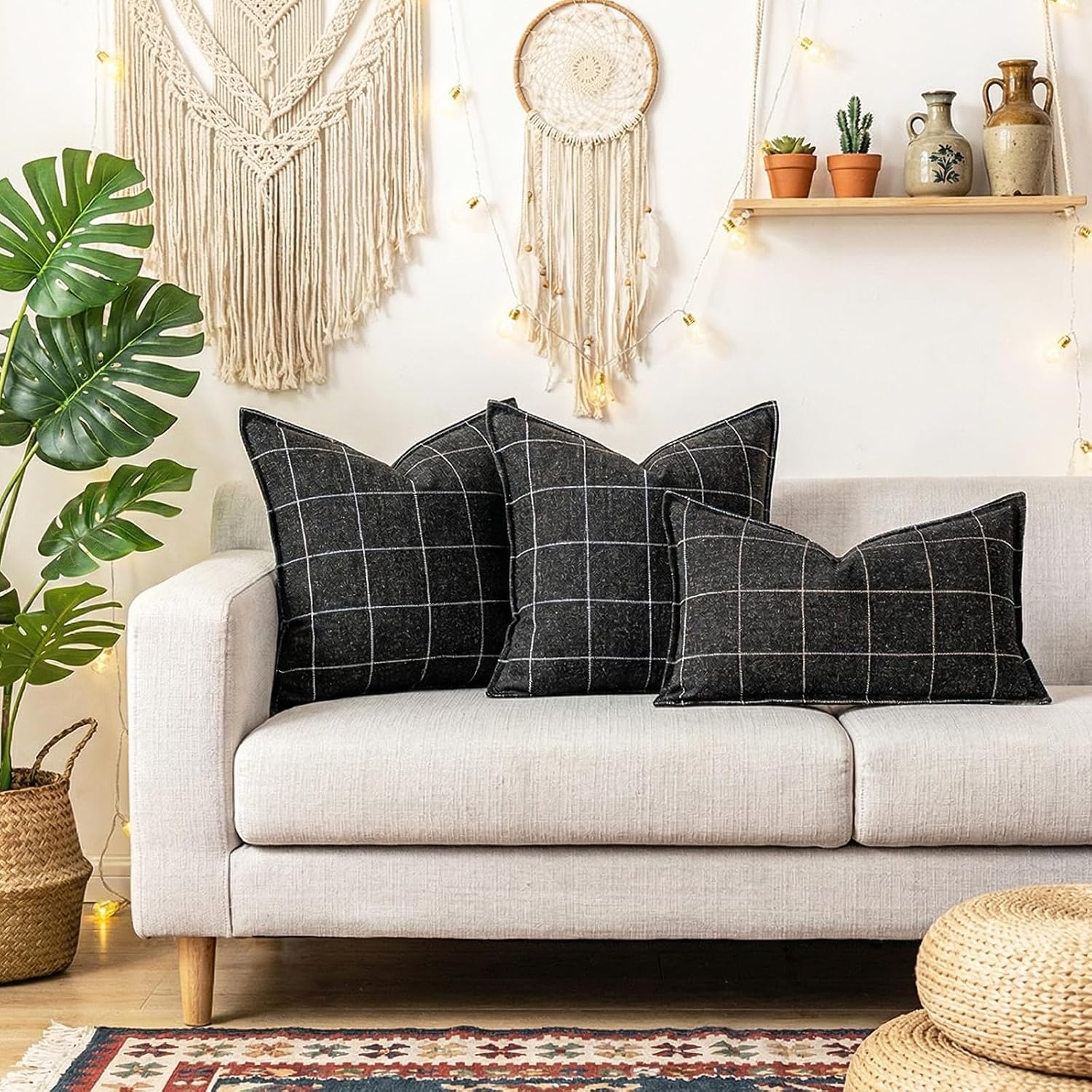 CARRIE HOME Black and White Plaid Boho Pillow Covers 20x20 Set of 2, Farmhouse Decorative Linen Woven Throw Pillow Cover 20 x 20, Black…