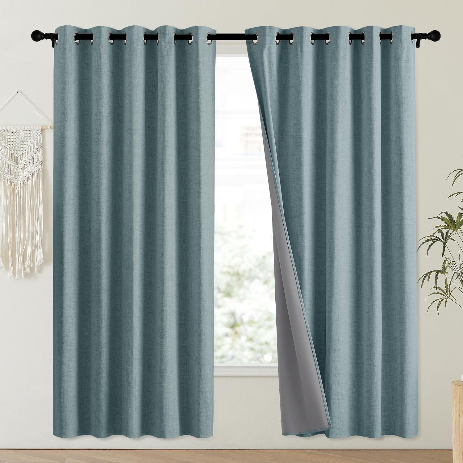 NICETOWN 100% Absolutely Blackout Linen Curtains with Thermal Insulated Liner, Skylark Blue, 62" Wide, 72" Length Energy Saving Curtains…