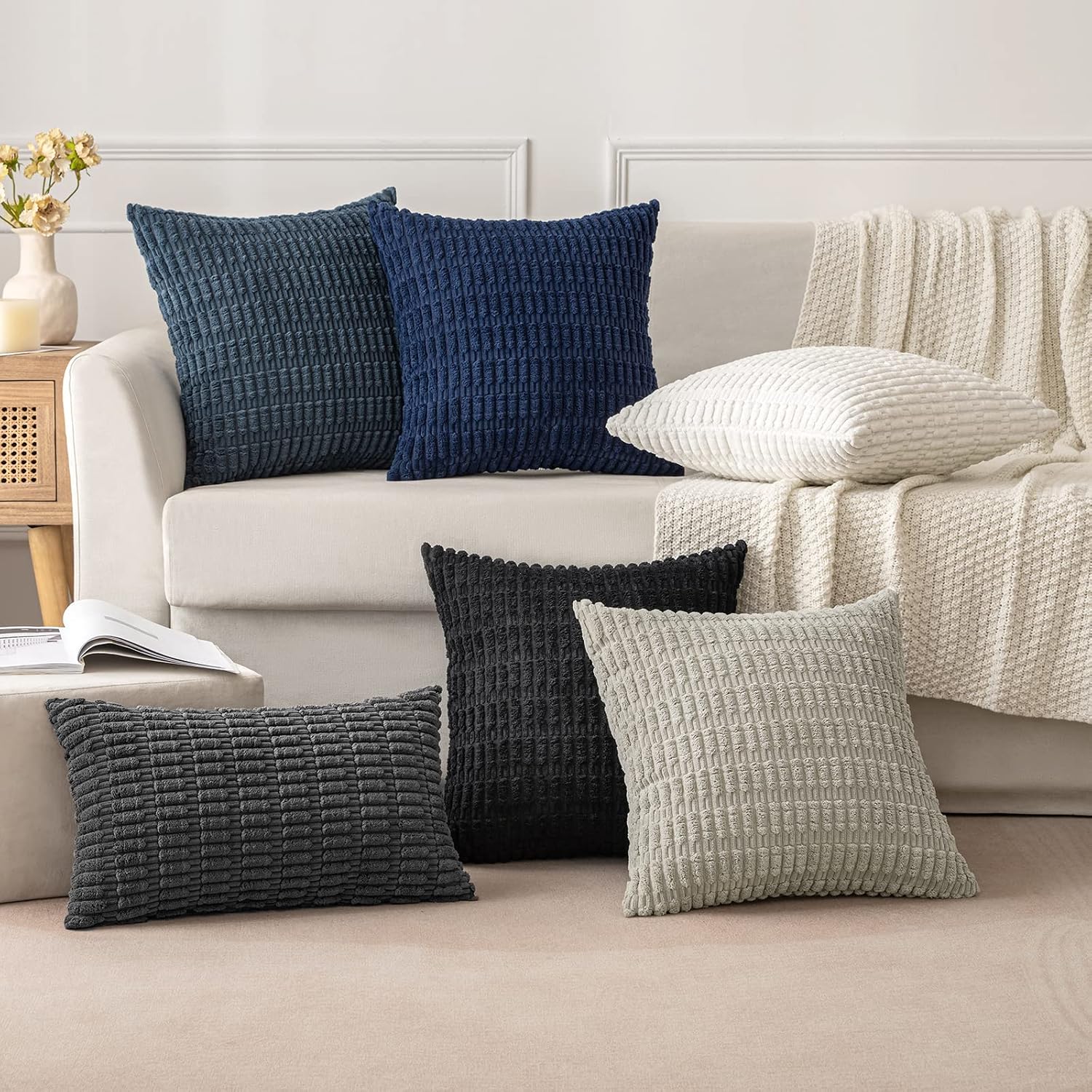 Miulee Pack of 2 Corduroy Decorative Throw Pillow Covers 20x20 Inch Soft Boho Striped Pillow Covers Modern Farmhouse Home Decor for Sofa Li…