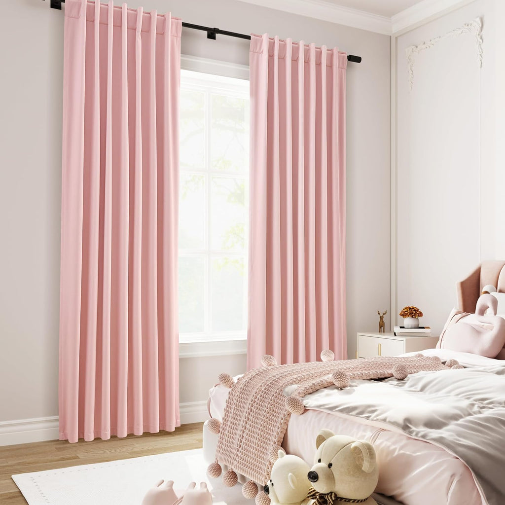 Nanspring Pink 100% Blackout Linen Curtains 84 Inch Length 2 Panels Set for Bedroom Back Tab Modern Farmhouse Decor Black Out Girl Curtain…