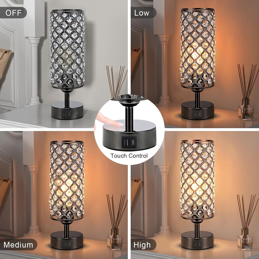 Hong-in Crystal Table Lamp, Black Lamp with USB C+A Ports, 3 Way Dimmable Light with Crystal Lampshade, Bedside Lamp Small Touch Light for…