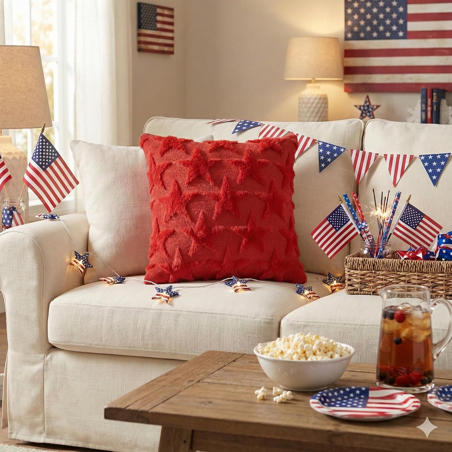 AVOIN colorlife 4th of July Stars Red Patriotic Throw Pillow Covers, 20 x 20 Inch Independence Memorial Day Soft Plush Faux Fur Jacquard…