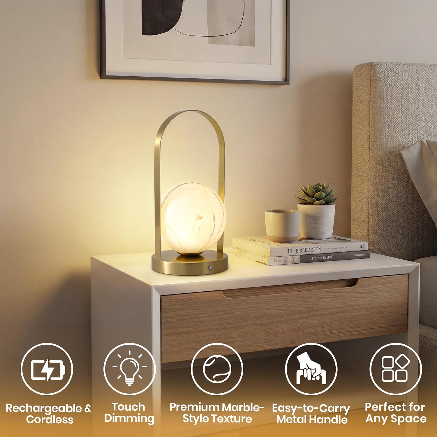 Portable Rechargeable Table Lamp with Marble Pattern Glass Shade – Gold Plated Metal Frame, Cordless LED Desk Light for Bedroom, Nursery…