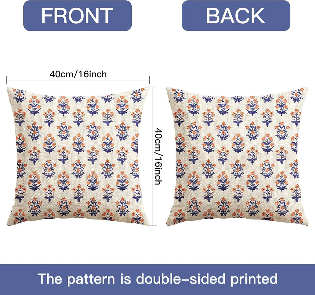 OTOSTAR Floral Print Pillow Covers 16x16 Inch Pack of 2 Double-Sided Navy Blue Orange Flower Square Throw Pillow Covers Farmhouse Rustic…
