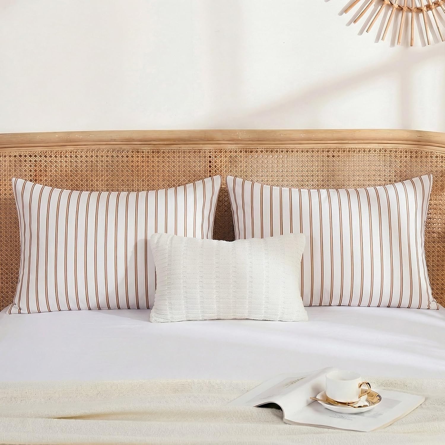 Merryword 100% Cotton Pillow Cases, Standard Size Pillowcases, Beige and Terracotta Striped Pillowcases, Soft Breathable Engineered Stripes…