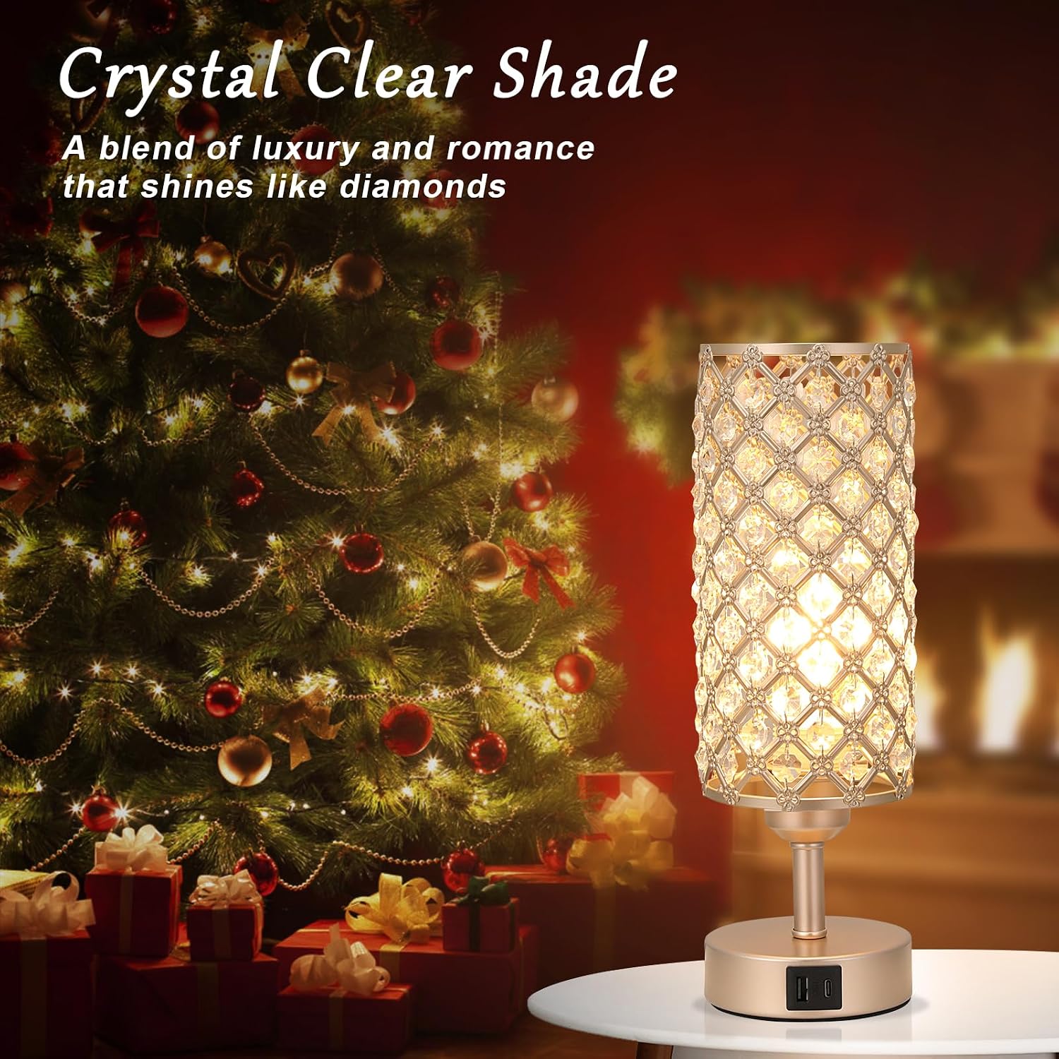 Crystal Table Lamp with USB C+A Ports, 3 Way Dimmable Touch Lamp with Crystal Shade, Champagne Gold Bedside Nightstand Small Lamp for…