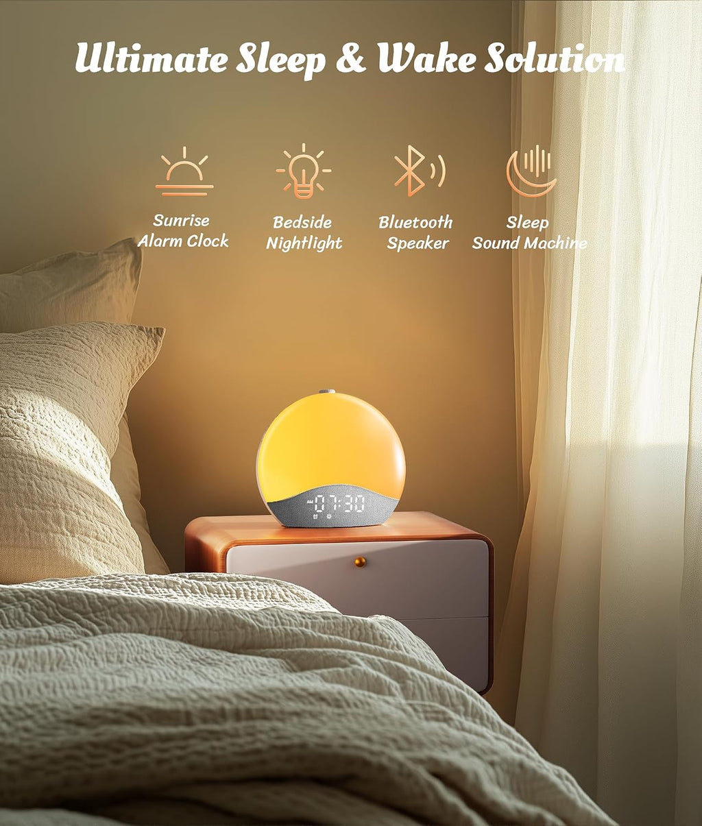 ecozy Sunrise Alarm Clock, White Noise Sound Machine, Alarm Clock for Bedrooms, 26 Soothing Sounds, 17 Night Lights, Bluetooth Speaker…