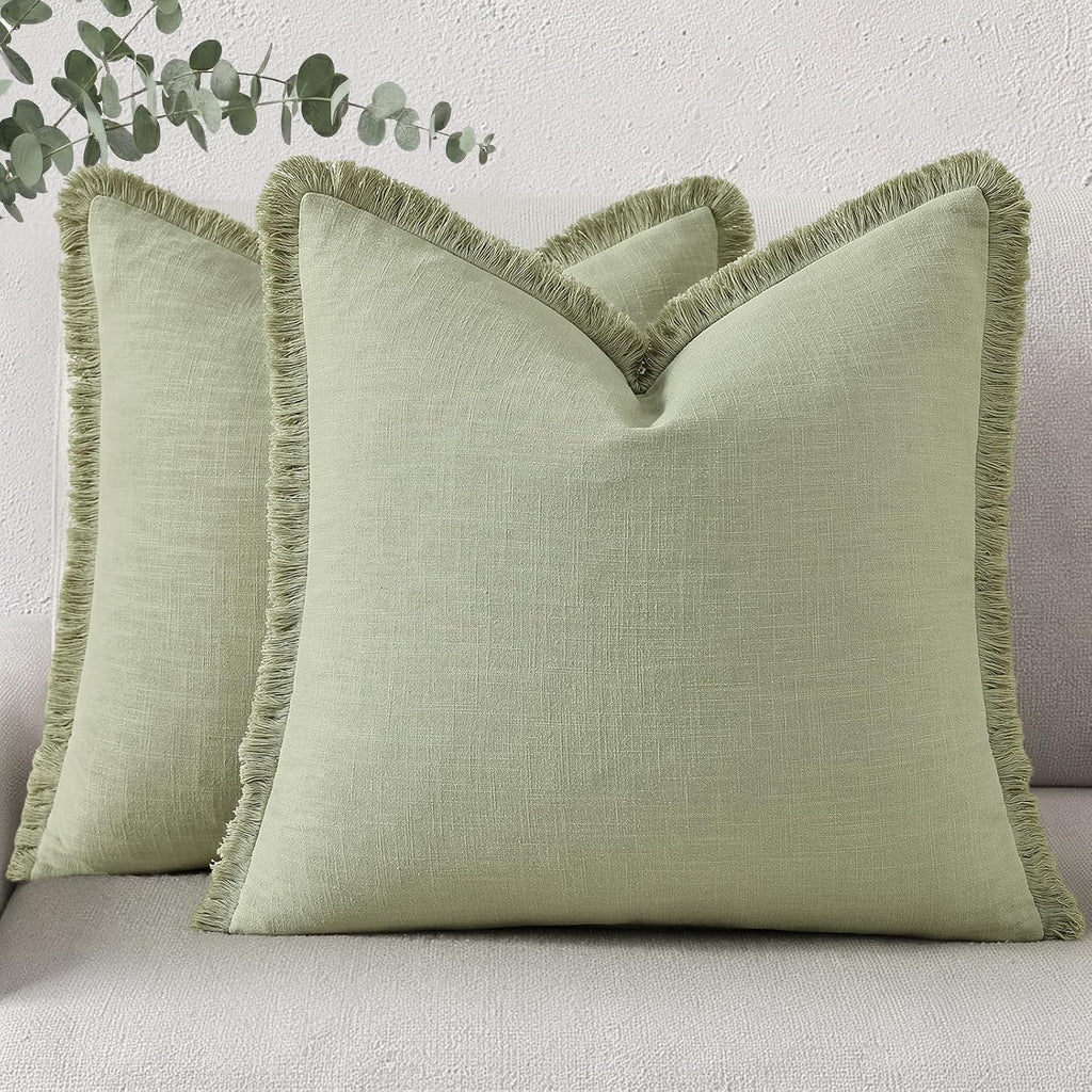 decorUhome Summer Decorative Neutral Linen Fringe Throw Pillow Covers Set of 2 Sage Green Pillow Covers with Tassels Soft Farmhouse Boho Ac…