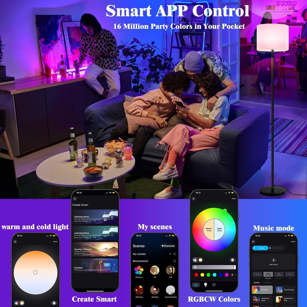 Smart Floor Lamp with APP & Remote Control - Dimmable RGB & White Light (3000K-6500K) for Living Room, Bedroom, Office - Modern Standing…
