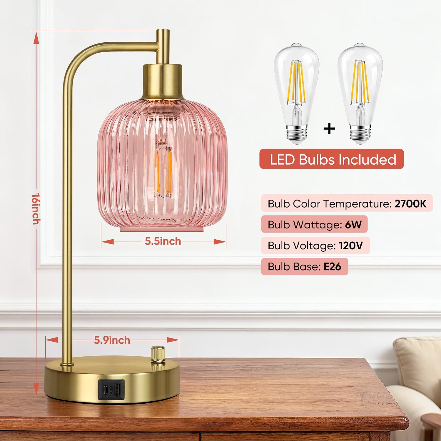 QiMH Industrial Table Lamp for Bedroom Set of 2, Pink Glass Beside Lamp with USB A&C Ports, Stepless Dimmable Gold Lamps, Nightstand…