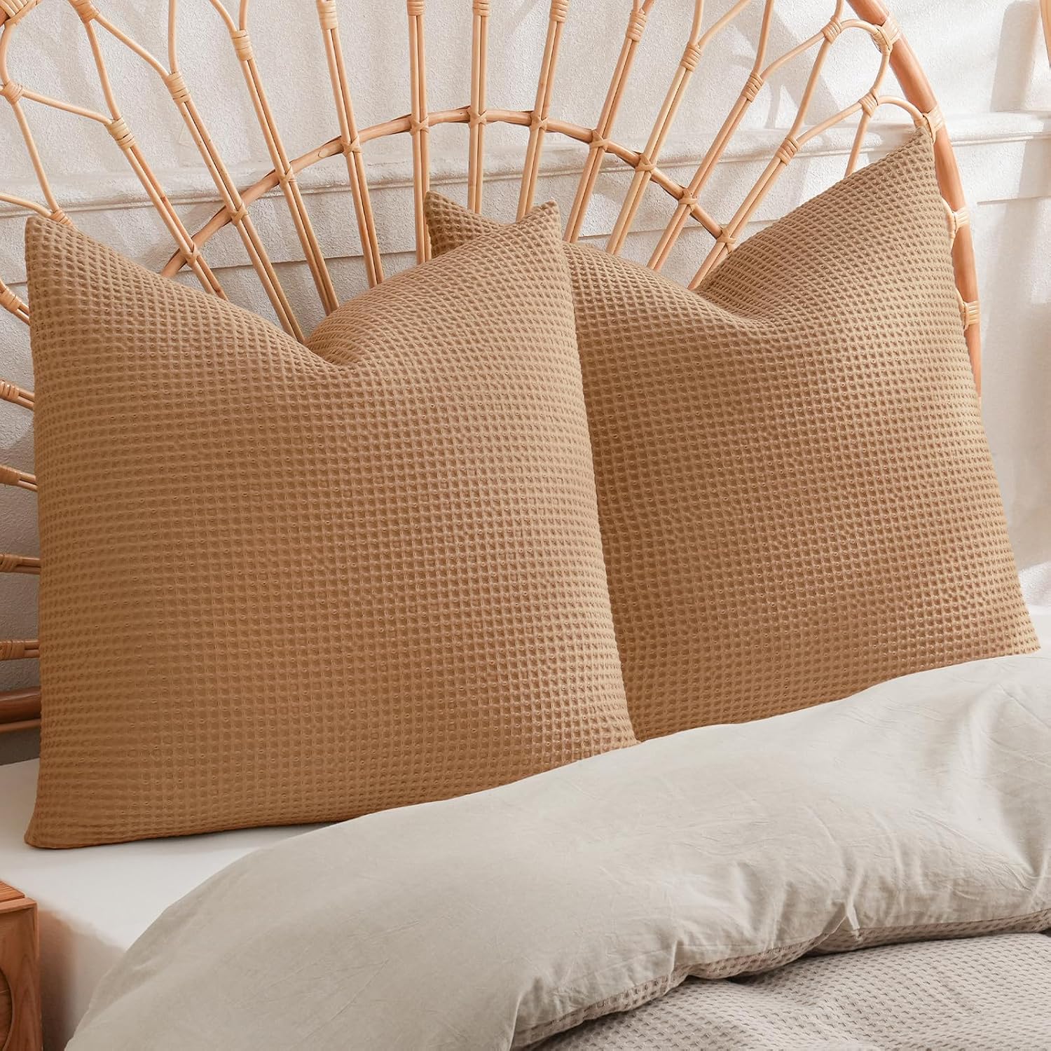 Phf 100% Cotton Waffle Weave Throw Pillow Cover, 22" x 22", No Filling, 2 Pack Elegant Home Decorative Square Throw Pillow Covers for Bed C…