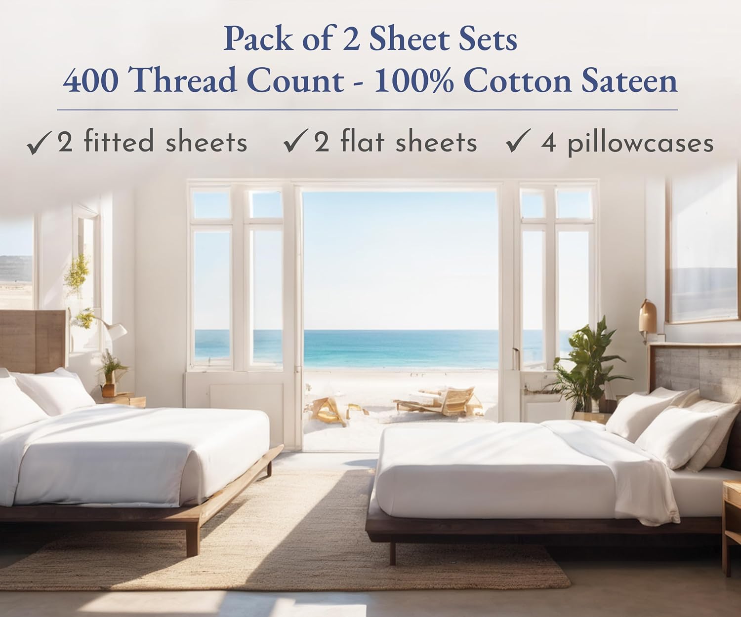CaliforniaDesignDen California Design Den Pack of 2 King Size Sheet Sets - 400 Thread Count 100% Cotton Sateen - Soft and Breathable Sheets…