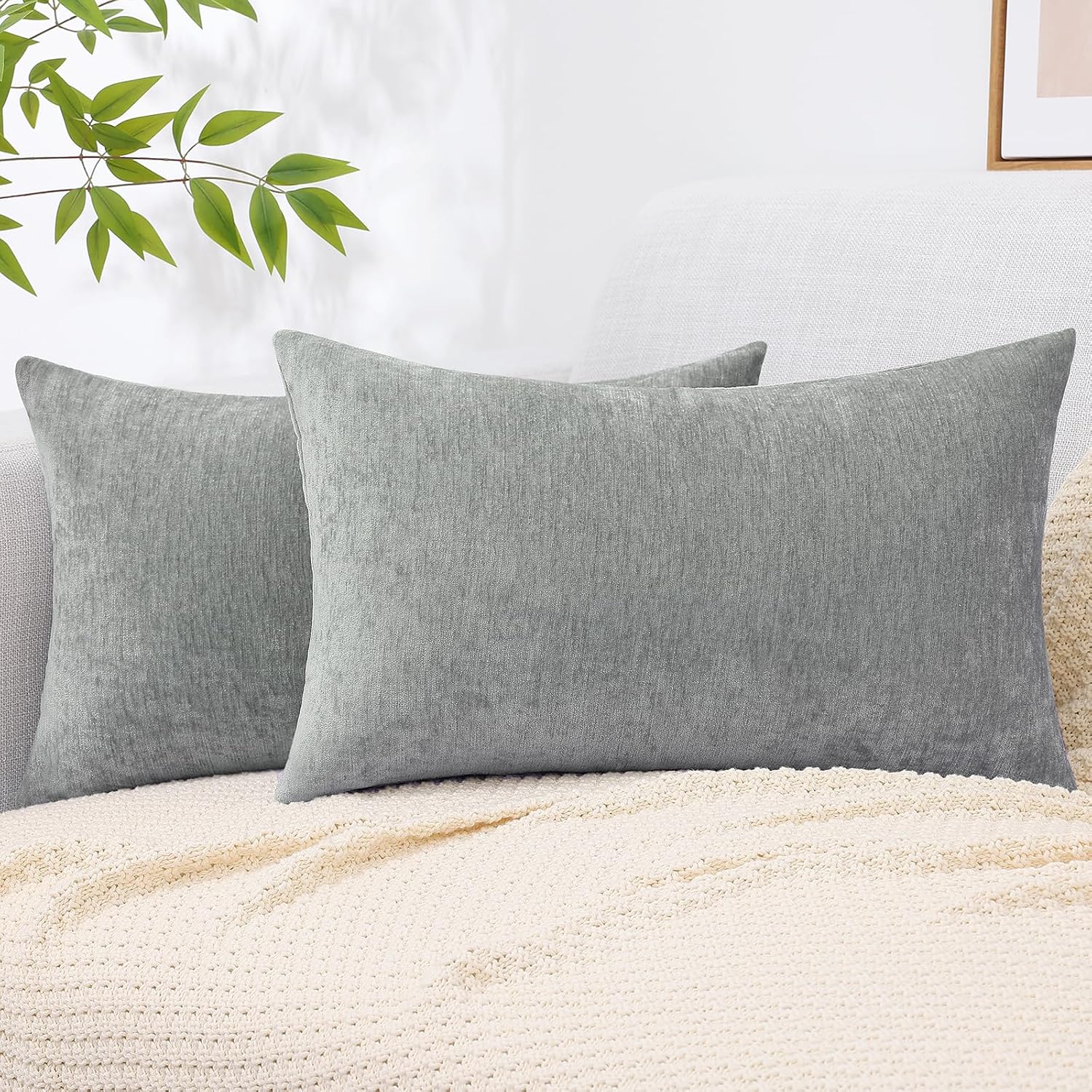 decorUhome Chenille Grey Throw Pillow Covers 12x20 Inch Set of 2, Decorative Soft Couch Pillow Covers Solid Dyed Accent Farmhouse Neutral R…