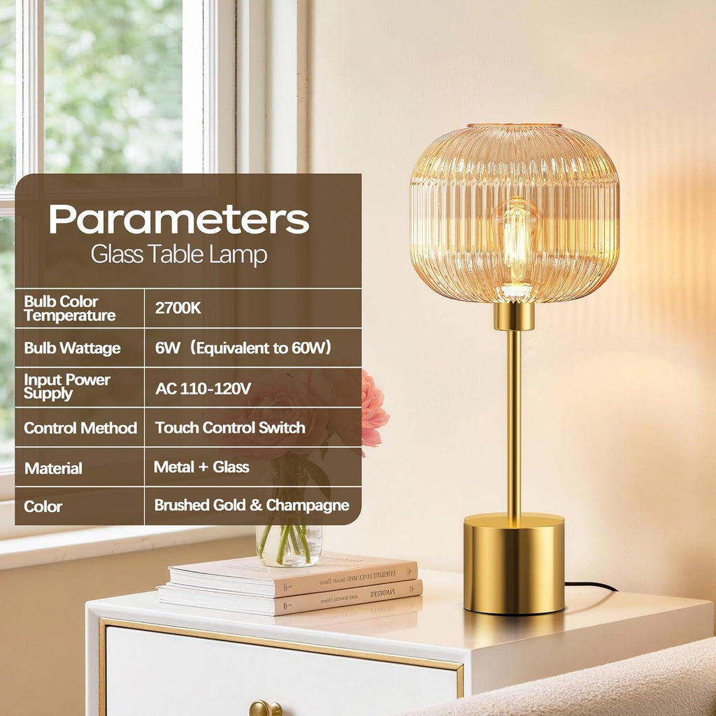 QiMH Glass Table Lamp for Living Room, Modern Bedside Lamp with Champagne Ribbed Glass Shade, 3-Way Dimmable Touch Control Nightstand…