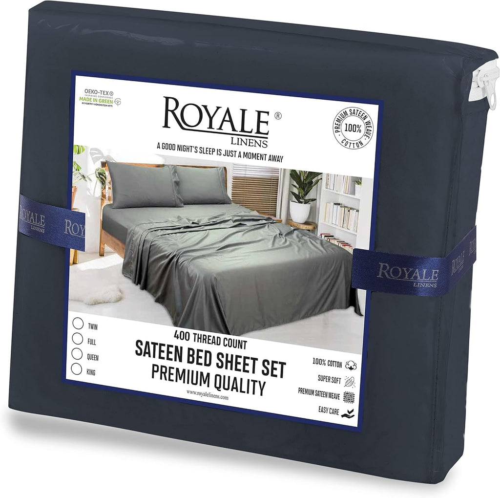 Royalelinens ROYALE LINENS 400 Thread Count 100% American Grown Cotton 4 Piece Sateen King Sheet Set - 1 Fitted Sheet, 1 Flat Sheet, 2 Pill…