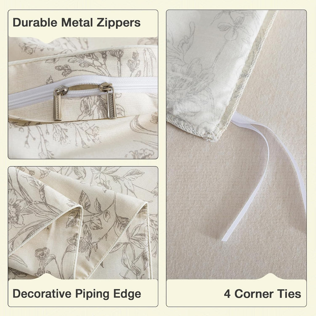 Puralens Beige Floral Duvet Cover Queen 100% Cotton, Vintage Patterned Soft Crisp Percale Toile Comforter Cover Set, Shabby Flower Chic Cut…