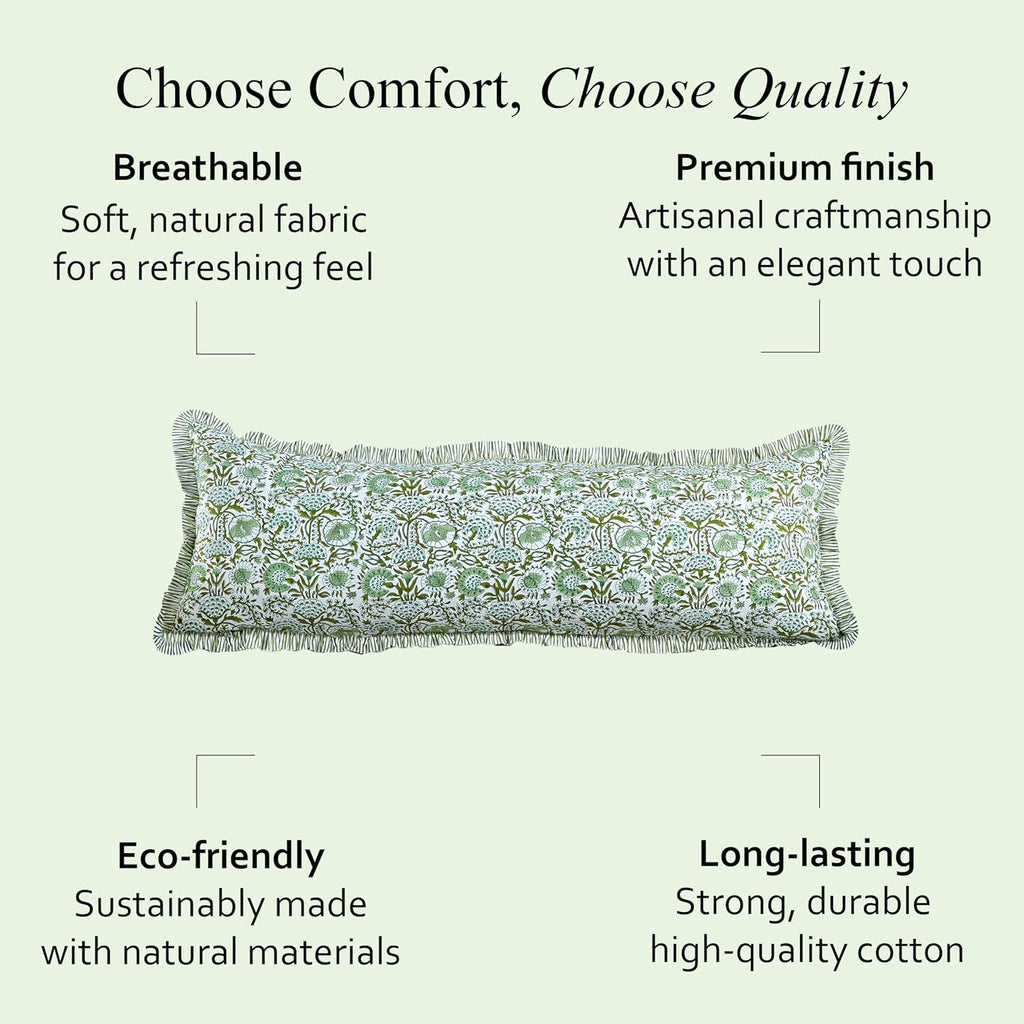 Cottonprintclub CPC Hand Block Print Agate Green Ruffle Sham Pillow Cover 54" x 20" inch Hidden Zipper Decorative Pillowcase for Couch, Bed…