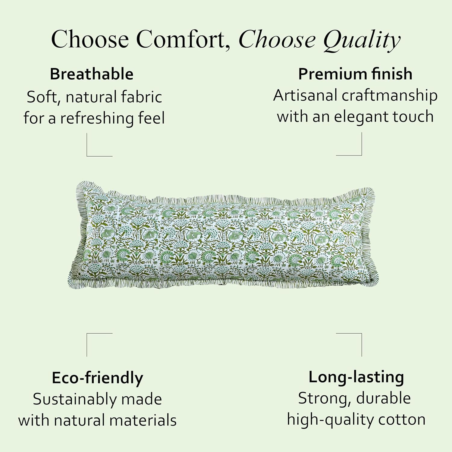 Cottonprintclub CPC Hand Block Print Agate Green Ruffle Sham Pillow Cover 54" x 20" inch Hidden Zipper Decorative Pillowcase for Couch, Bed…