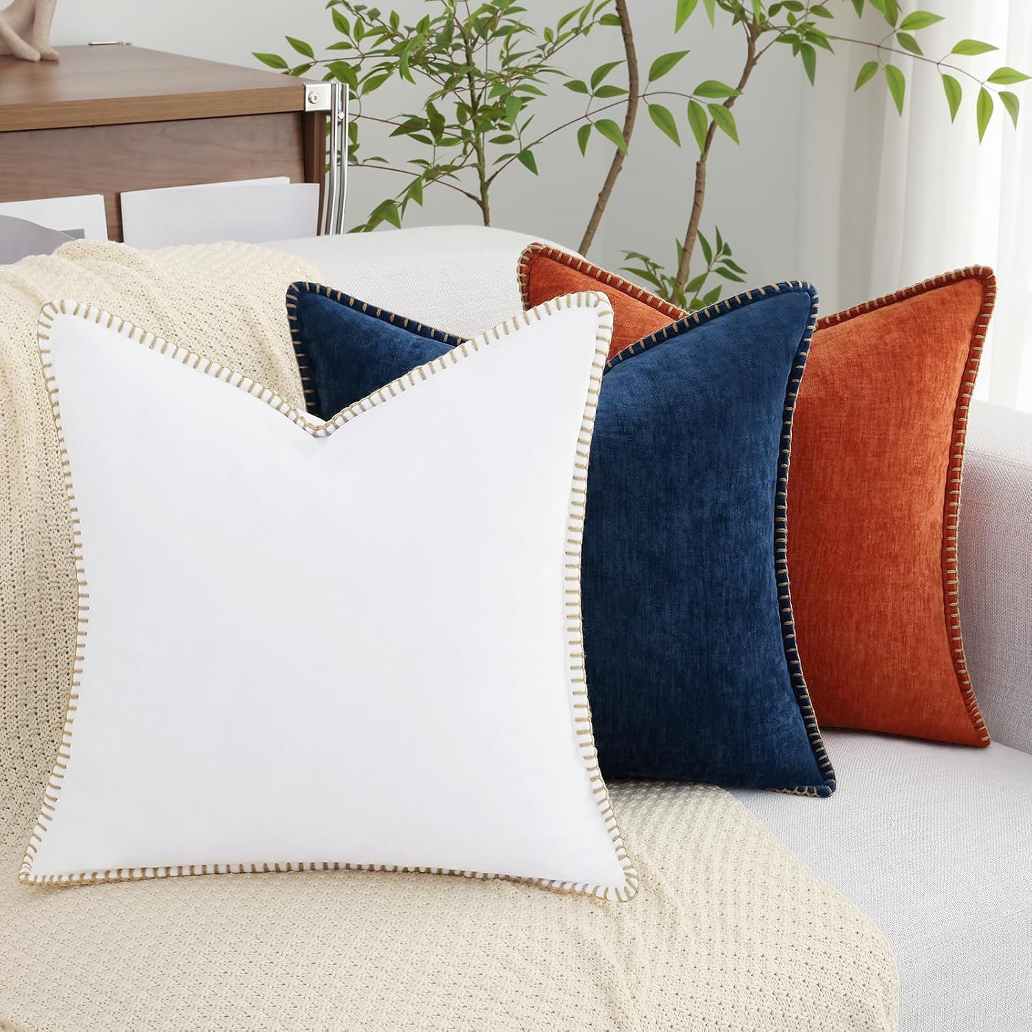 decorUhome Summer Chenille Soft Cozy Throw Pillow Covers 12x20 Set of 2, Modern Farmhouse Boho Velvet Decorative Pillow Cases with Stitched…