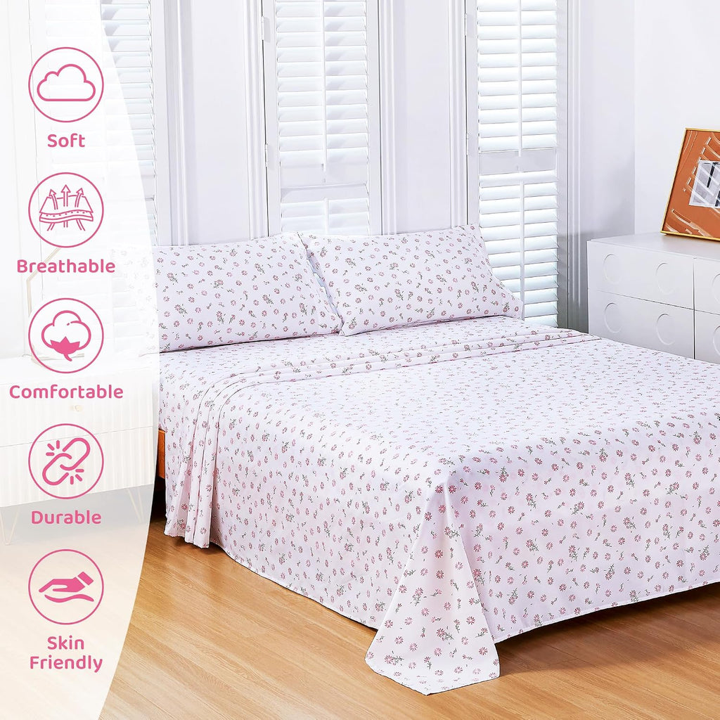 mooreeke Cozy Vintage Microfiber Printed Floral Queen Sheet Set - Soft & Breathable Pink Daisy Bed Sheets with Extra Deep Pocket - Non-Slip…