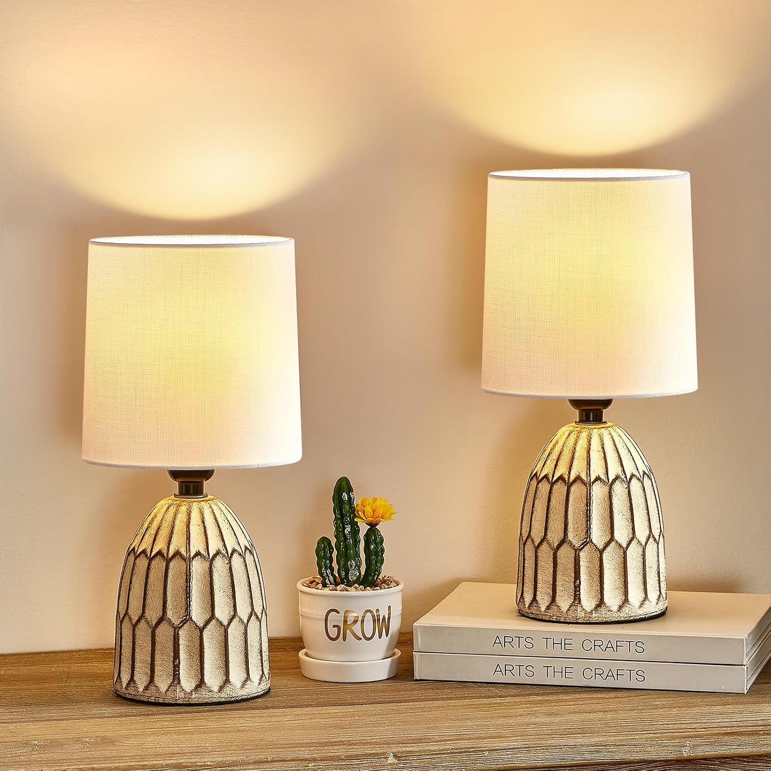 EJIAXIN Table Lamps Set of 2-13.5" Small Boho Lamp - Bedside Lamps - Farmhouse Rustic Ceramic Table Lamp for Bedroom, Living Room…
