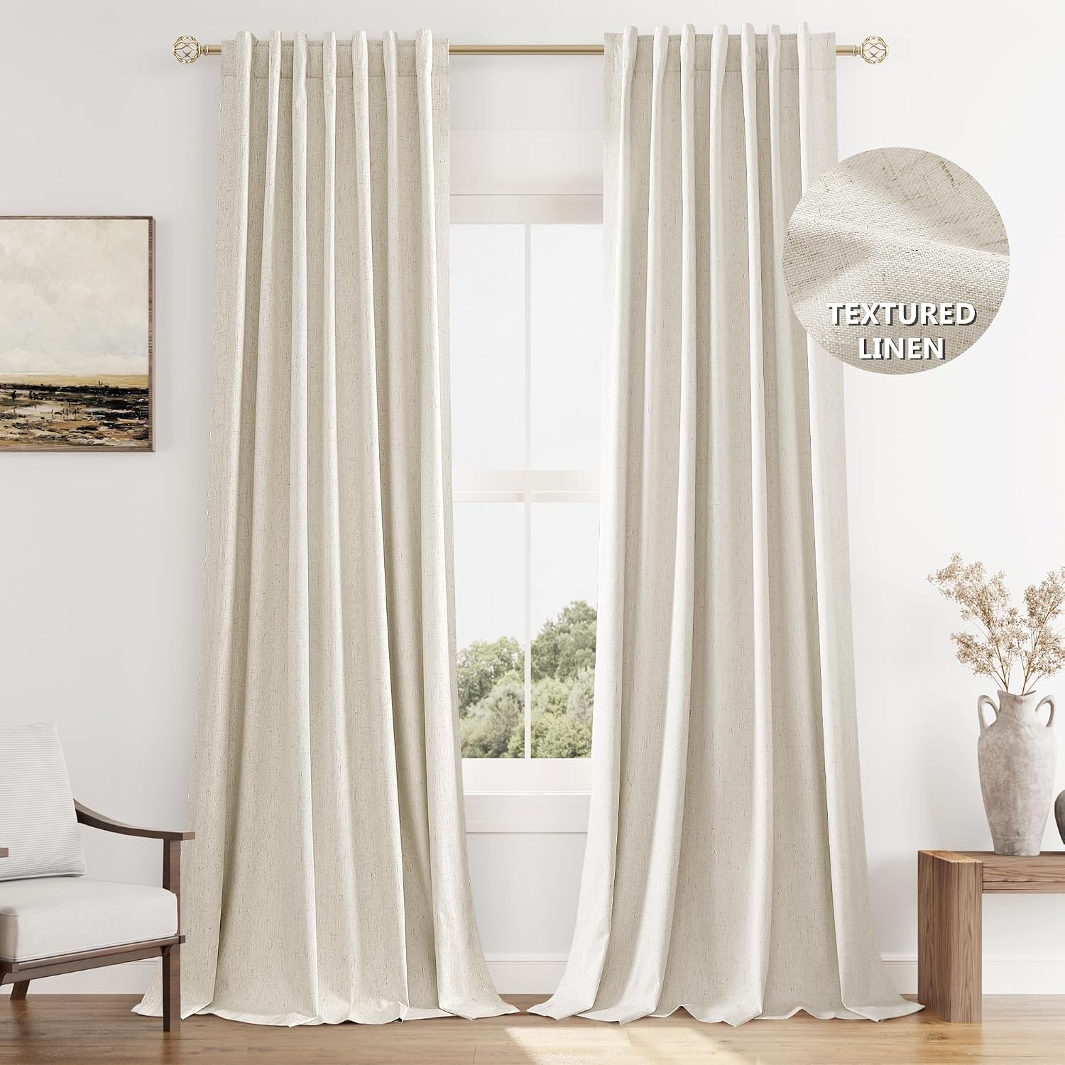 Guken 100% Blackout Linen Curtains 144 Inch Length 2 Panels Set for Living Room Bedroom Back Tab Thermal Insulated Black Out Drapes Room Da…