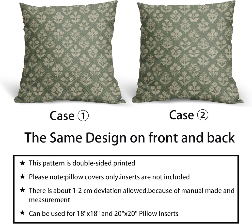 Sage Green Floral Block Print Pillow Covers 18x18 Inch Set of 2, Vintage Flower Pattern Decorative Throw Pillowcases Outdoor Farmhouse…