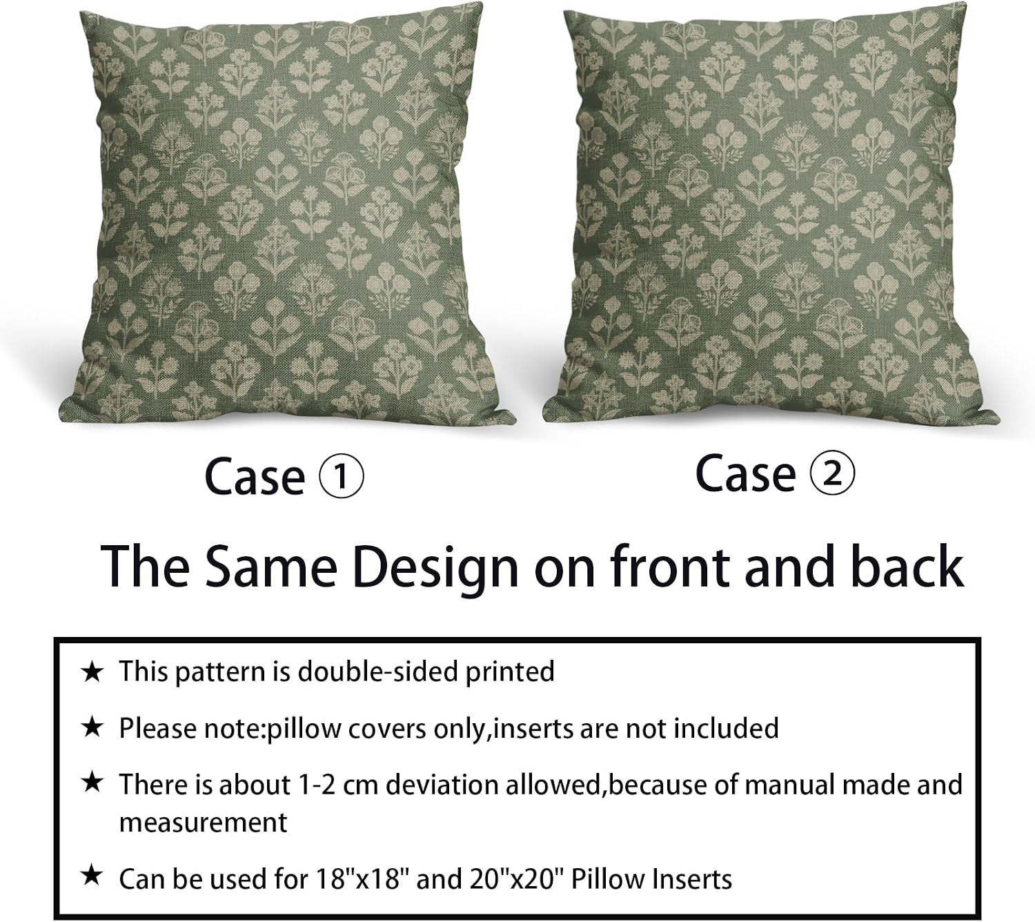 Sage Green Floral Block Print Pillow Covers 18x18 Inch Set of 2, Vintage Flower Pattern Decorative Throw Pillowcases Outdoor Farmhouse…