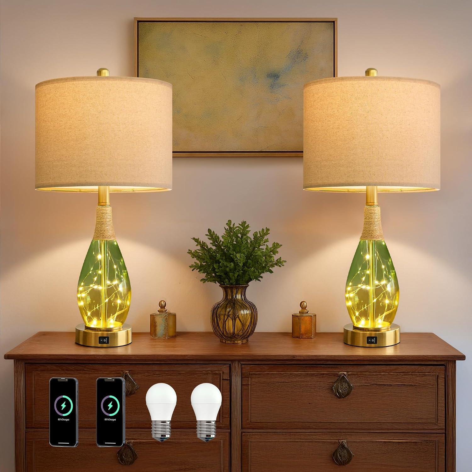 OYEARS 23" Table Lamps Set of 2, Farmhouse Lamps with Glass Nightlight, Bedside Lamps for Living Room, Rattan Lamps for Bedroom…