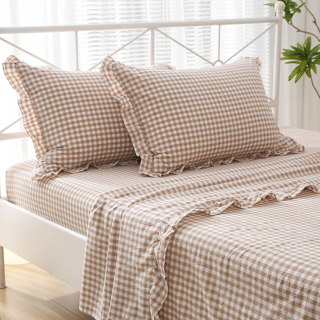 2 Pack Taupe White Plaid Ruffle Gingham King Size Pillow Shams, 100% Yarn-Dyed Washed Cotton Farmhouse Pillow Covers for Bed/Sofa…
