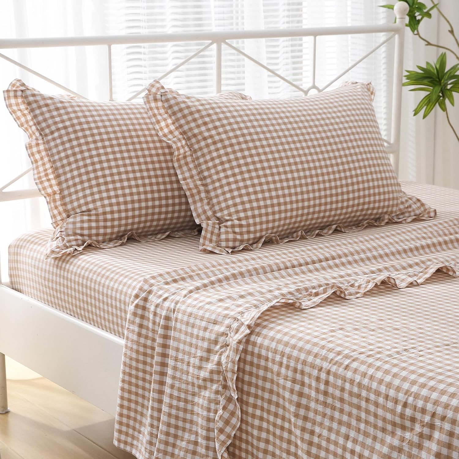 2 Pack Taupe White Plaid Ruffle Gingham King Size Pillow Shams, 100% Yarn-Dyed Washed Cotton Farmhouse Pillow Covers for Bed/Sofa…