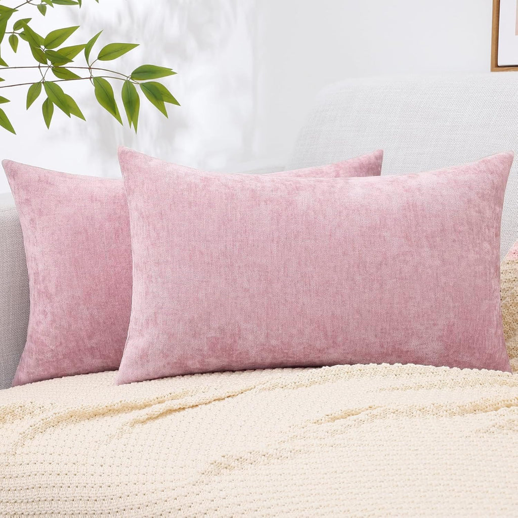 decorUhome Chenille Blush Pink Summer Throw Pillow Covers 12x20 Inch Set of 2, Decorative Soft Couch Pillow Covers Solid Dyed Accent Farmho…