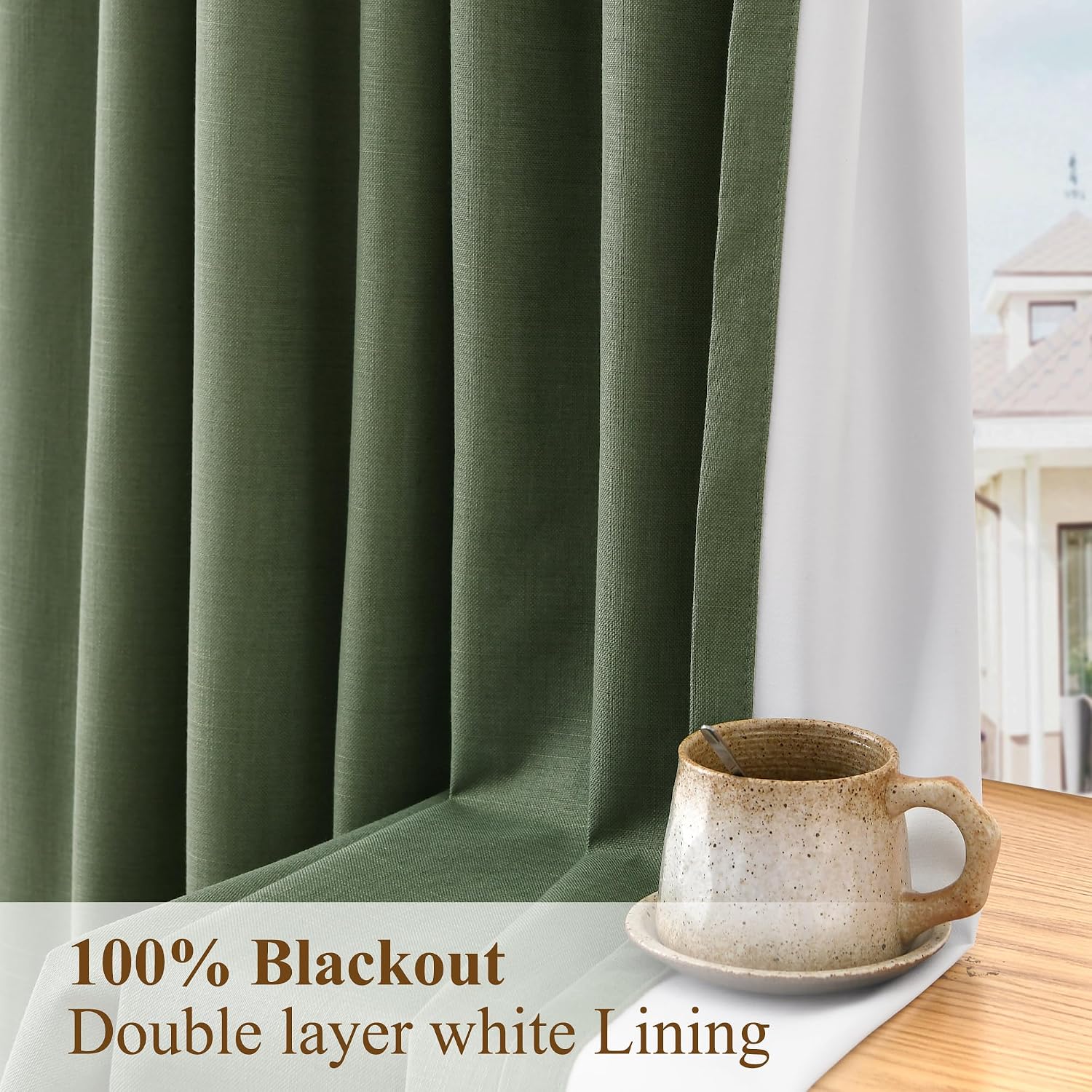 Boodii Olive Green 100% Blackout Pinch Pleated Linen Curtains 84 Inch 2 Panels Thermal Insulated Room Darkening for Bedroom Living Room Boh…