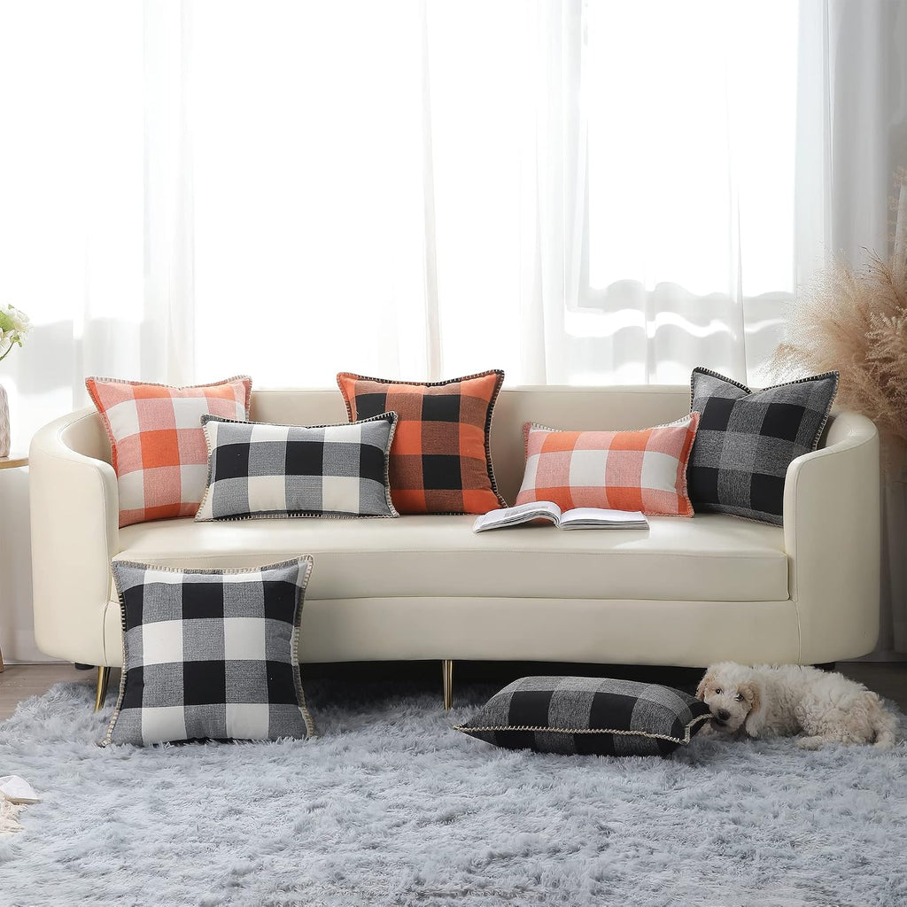 decorUhome Summer Buffalo Plaid Check Throw Pillow Covers 16x16 Set of 2 Outdoor Linen Decorative Farmhouse Gingham Pillow Covers with Stit…