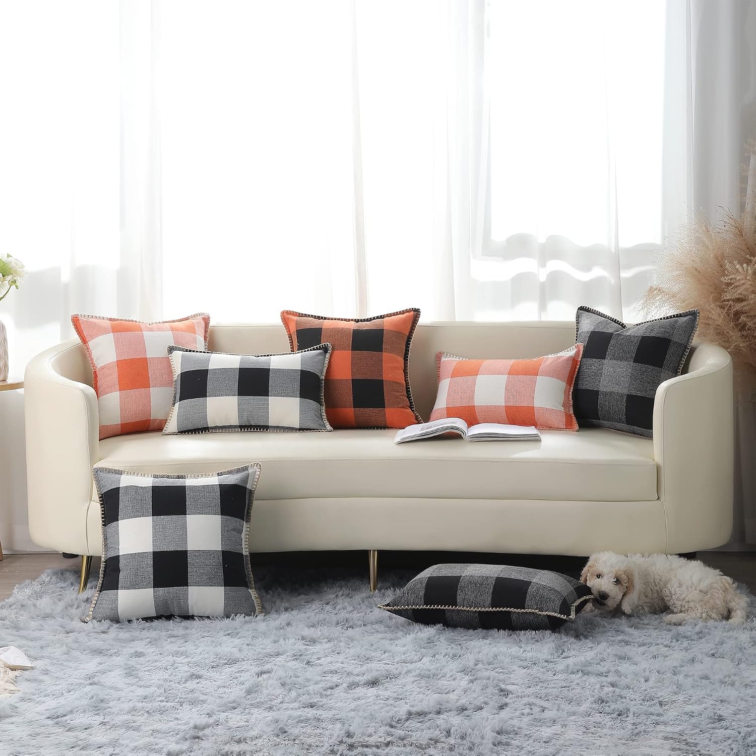 decorUhome Summer Buffalo Plaid Check Throw Pillow Covers 16x16 Set of 2 Outdoor Linen Decorative Farmhouse Gingham Pillow Covers with Stit…
