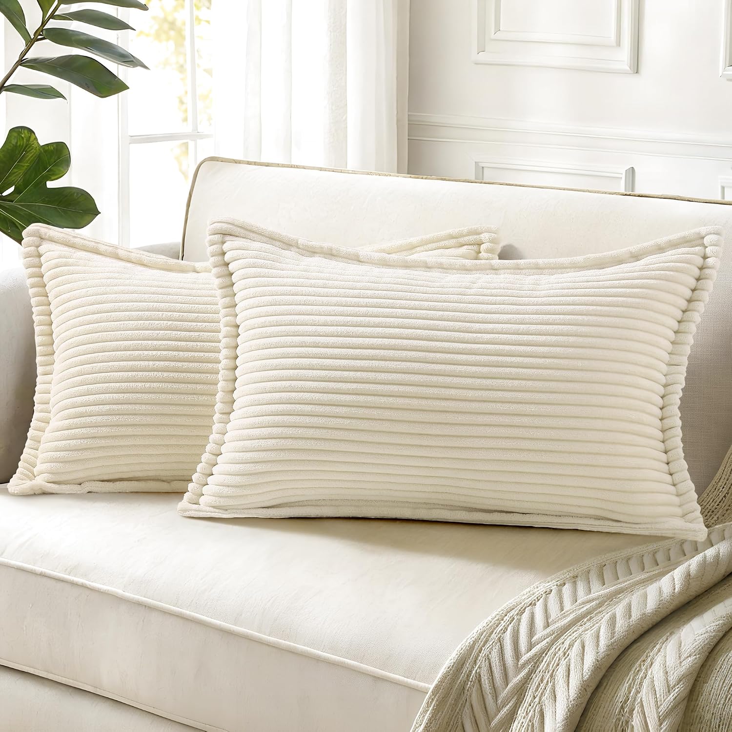 decorUhome Summer Corduroy Cream White Throw Pillow Covers 12x20 Set of 2 Decorative Soft Boho Farmhouse Lumbar Couch Pillow Covers for Liv…