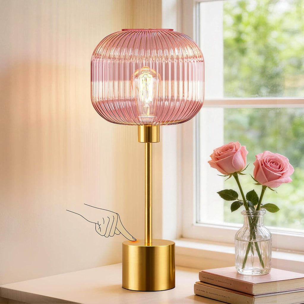 QiMH Glass Table Lamp for Living Room, Modern Bedside Lamp with Pink Ribbed Glass Shade, 3-Way Dimmable Touch Control Nightstand Lamp for…
