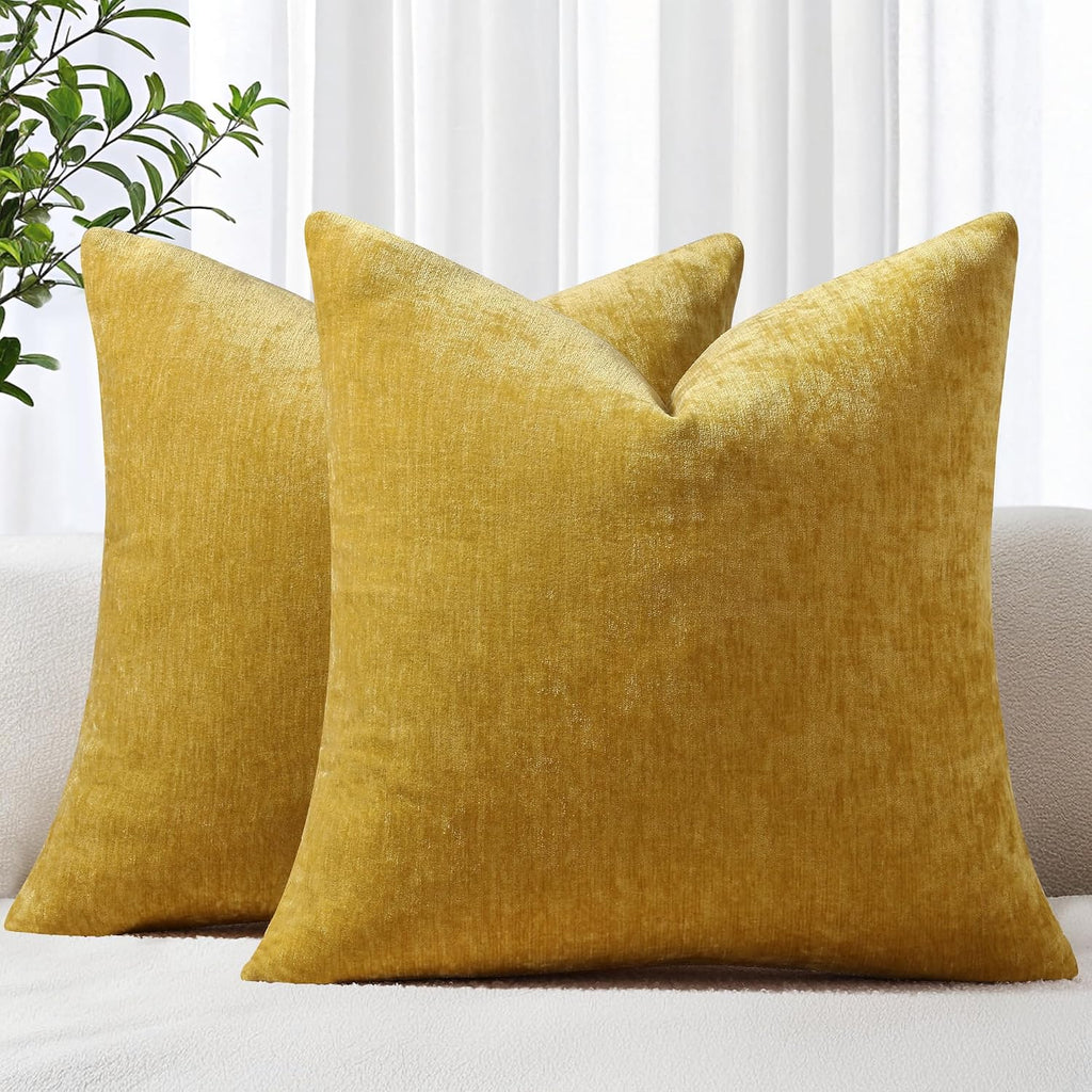 decorUhome Chenille Mineral Yellow Throw Pillow Covers 24x24 Inch Set of 2, Decorative Soft Couch Pillow Covers Solid Dyed Accent Farmhouse…