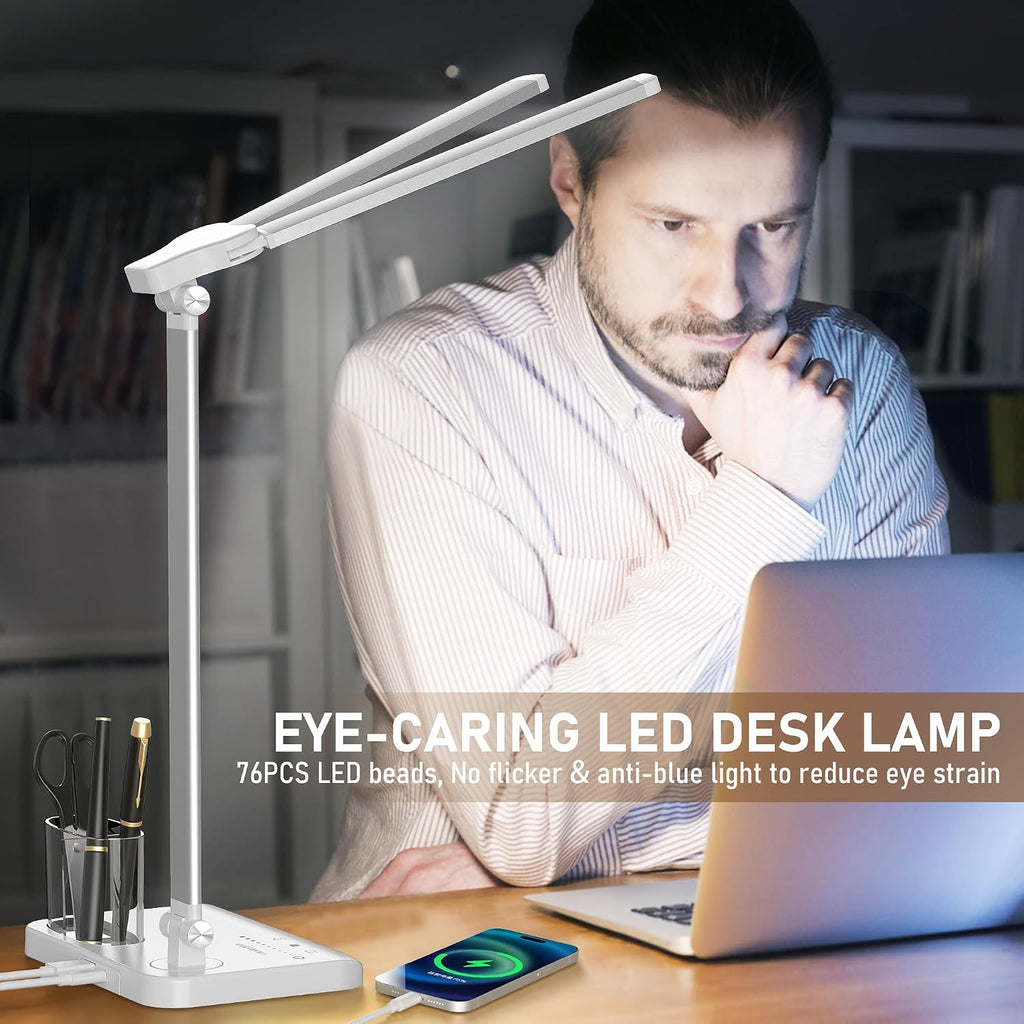 CHARYJOD LED Desk Lamp for Home Office, Eye-Caring Desk Light with USB Adapter, 10W 50 Lighting Modes Foldable Dual Swing Arm Architect…