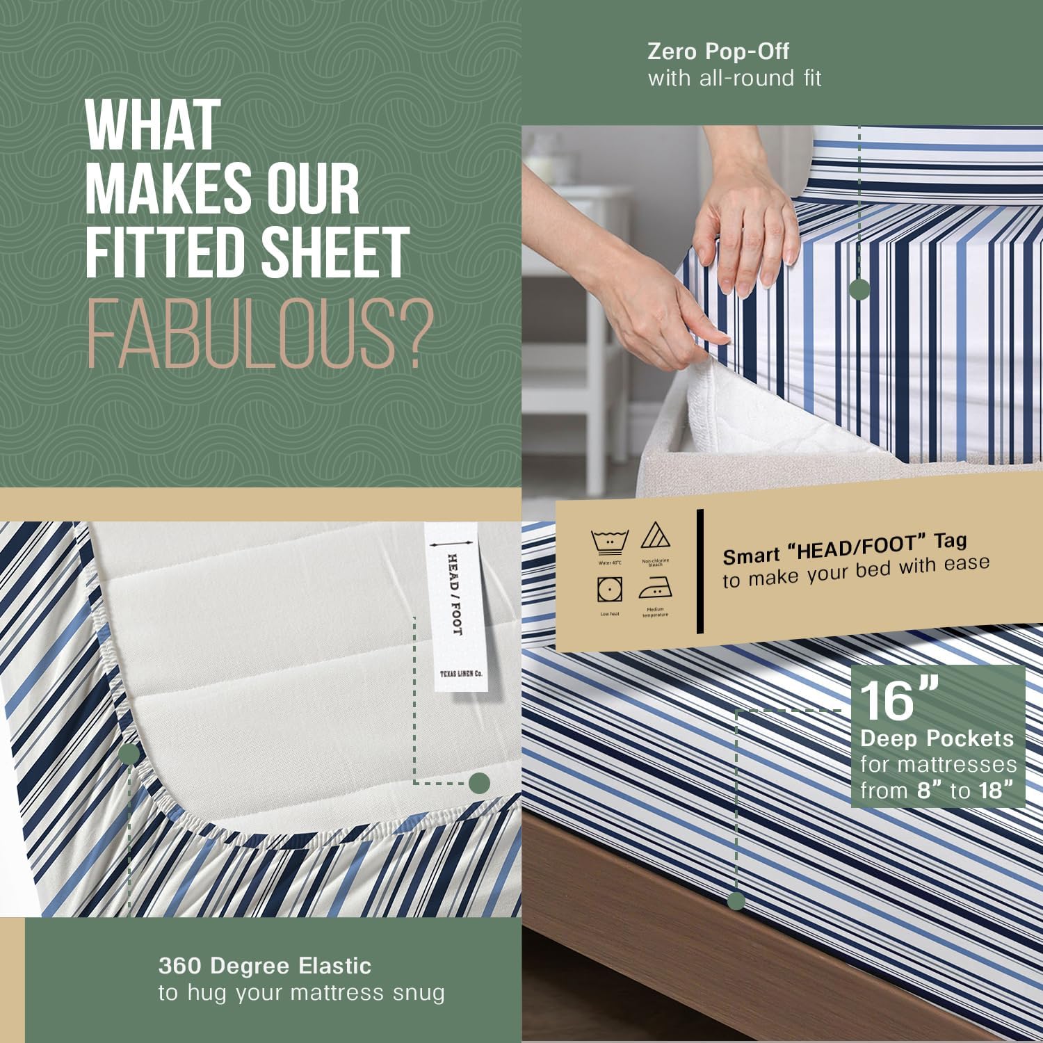 TEXAS LINEN CO. 100% Organic Cotton Sheets Twin XL Size - 3 PC Organic Cotton Percale Printed Sheets Twin XL Set (Variegated Stripe)…