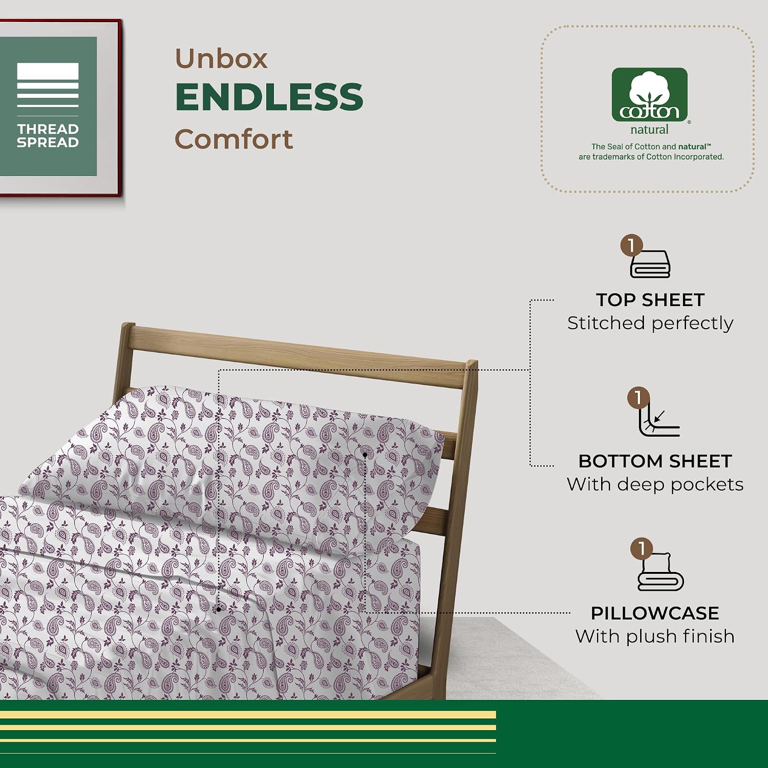 THREAD SPREAD 100% Organic Cotton Sheets Twin XL Size - Organic Cotton Percale Weave Sheet Set (3 PC, Paisley), Soft, Cooling, Crisp &…