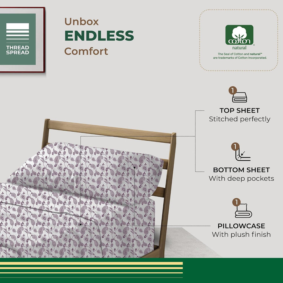 THREAD SPREAD 100% Organic Cotton Sheets Twin Size - Organic Cotton Twin Percale Weave Sheet Set (3 PC, Paisley), Soft, Cooling, Crisp &…