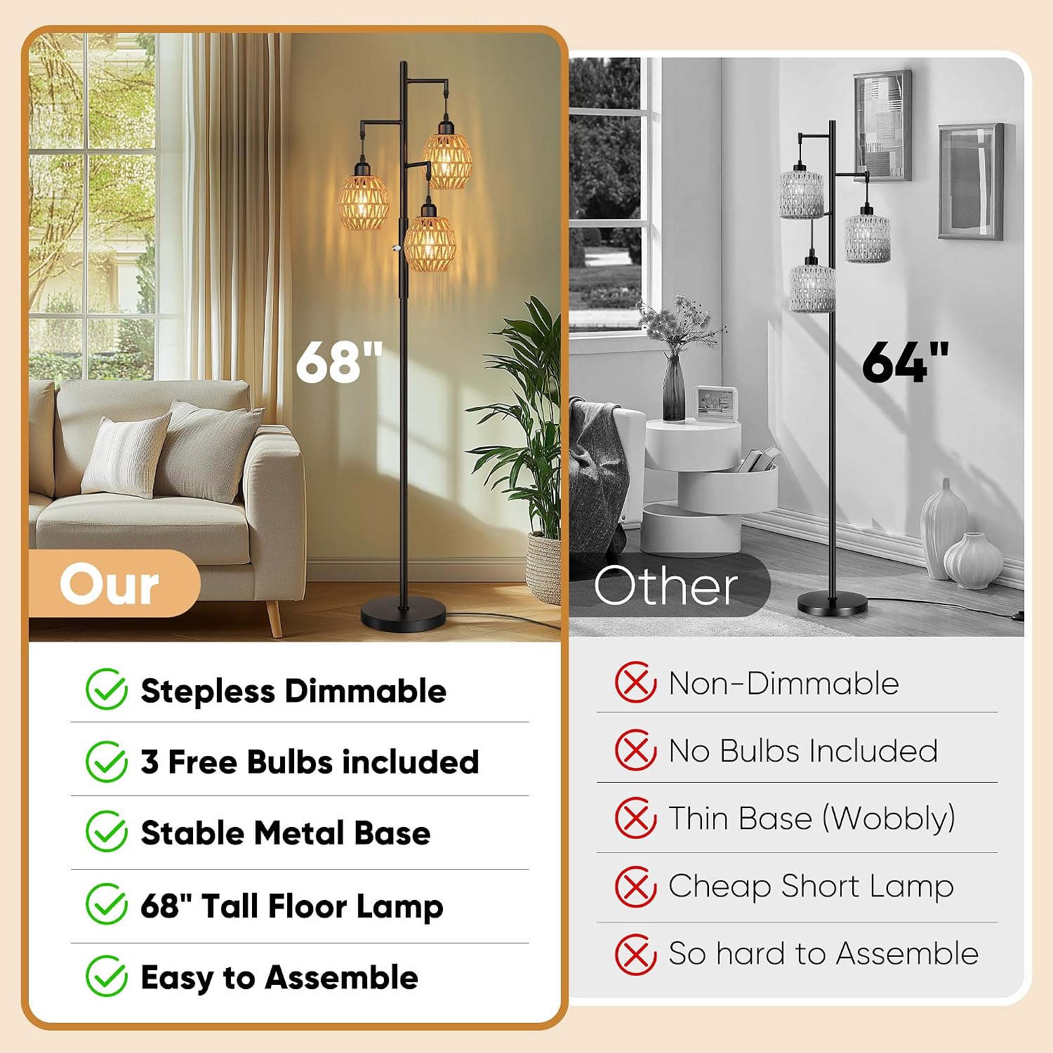 ROTTOGOON Dimmable Boho Floor Lamp - 3 Light Farmhouse Rattan Floor Lamps for Living Room, Tree Floor Lamps with Bohemian lampshades…
