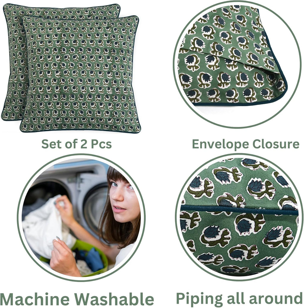 Ridhi Block Print Basil Green Pillow Cover 18" x 18" (Pack of 2) Decorative Couch Pillows for Living Room, Chic Boho Cute Outdoor Pillows C…