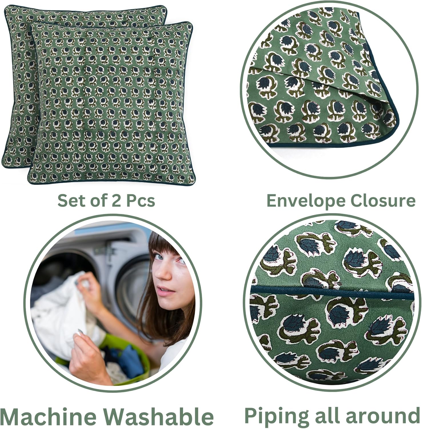 Ridhi Block Print Basil Green Pillow Cover 18" x 18" (Pack of 2) Decorative Couch Pillows for Living Room, Chic Boho Cute Outdoor Pillows C…