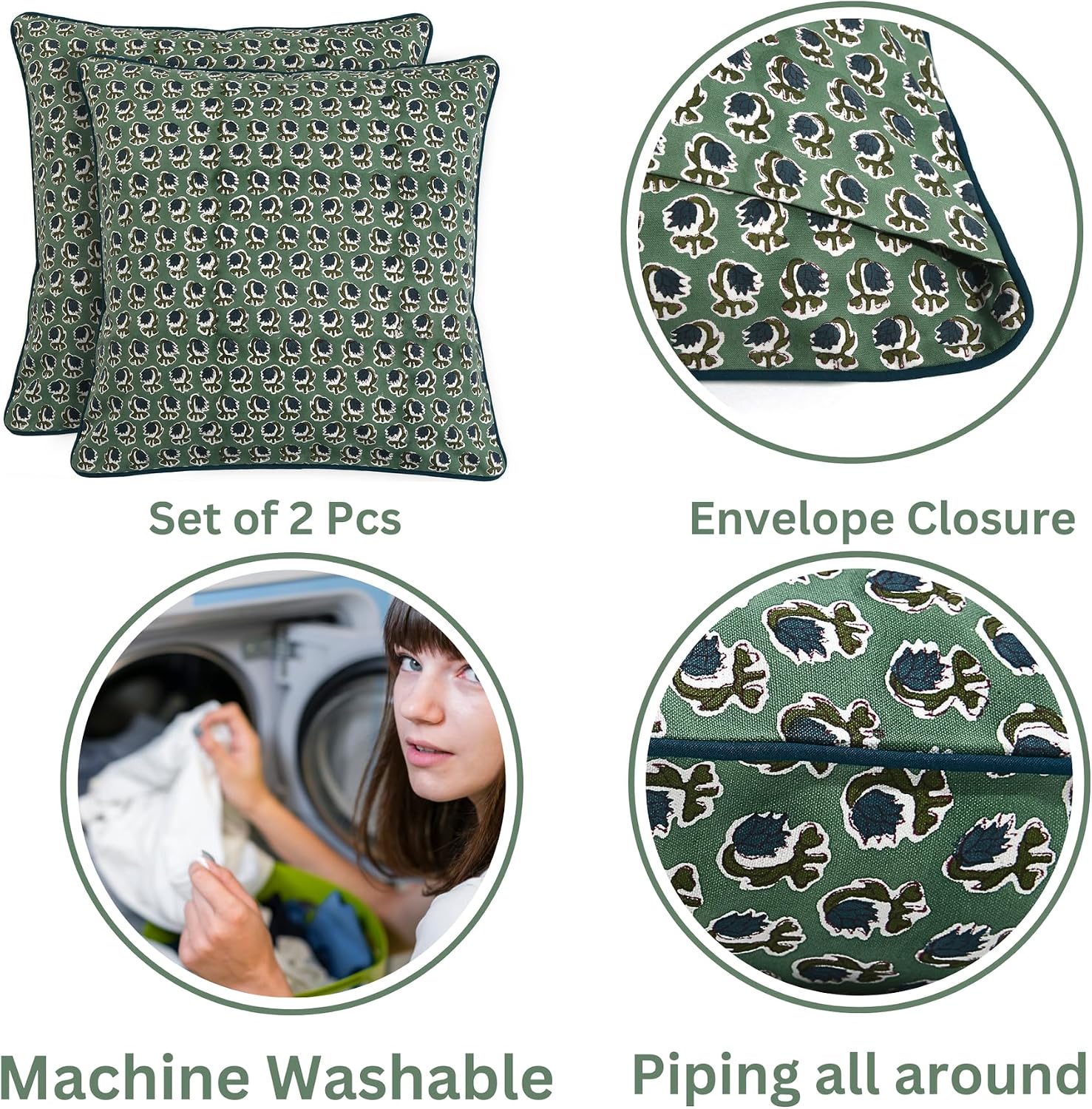 Ridhi Block Print Basil Green Pillow Cover 16" x 16" (Pack of 2) Decorative Couch Pillows for Living Room, Chic Boho Cute Outdoor Pillows C…