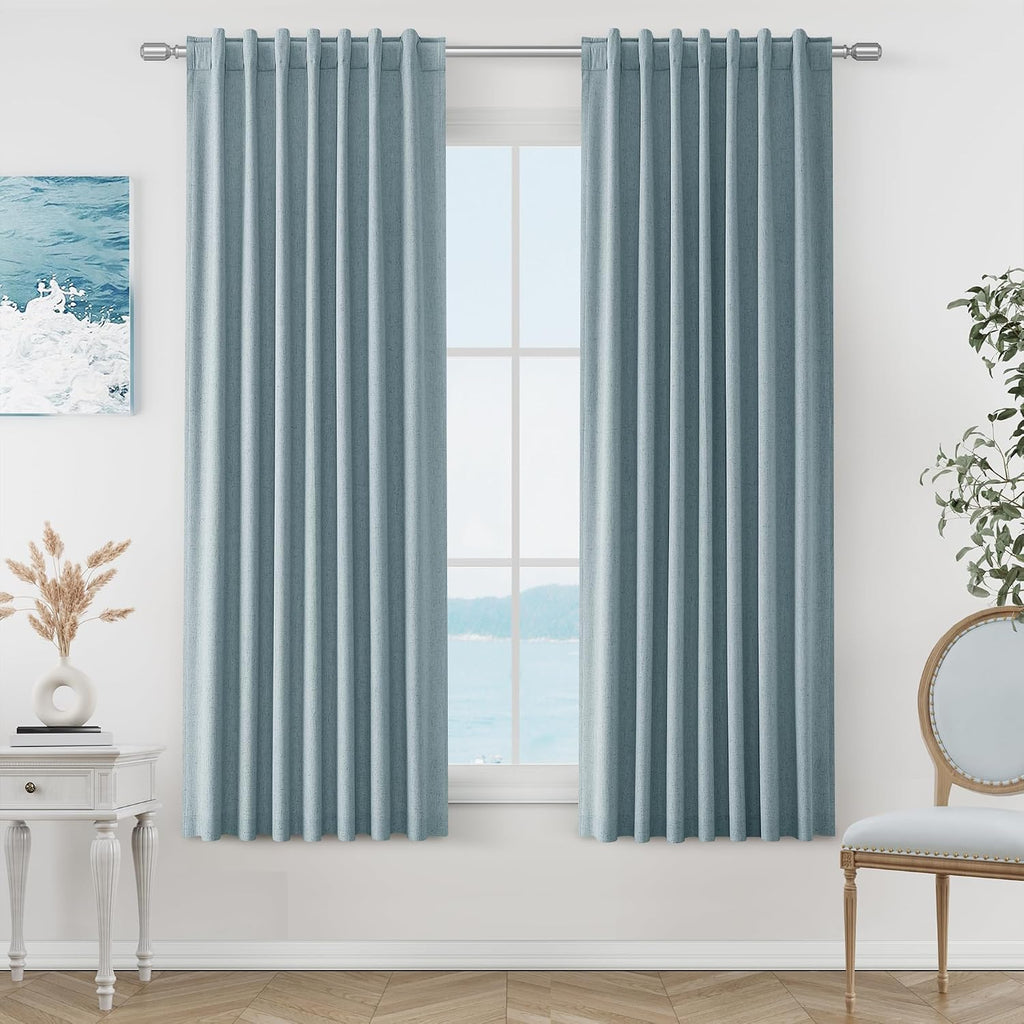 Guken Blue 100% Blackout Linen Curtains 63 Inch Length 2 Panels Set for Living Room Bedroom Back Tab Rod Pocket Thermal Insulated Black Out…
