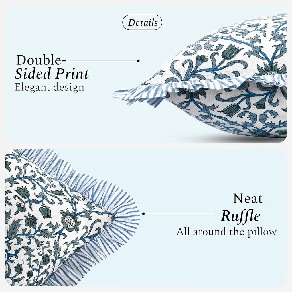 Cottonprintclub CPC Hand Block Print Ocean Vine Ruffle Sham Pillow Cover 36" x 14" inch Hidden Zipper Decorative Pillowcase for Couch, Bed,…