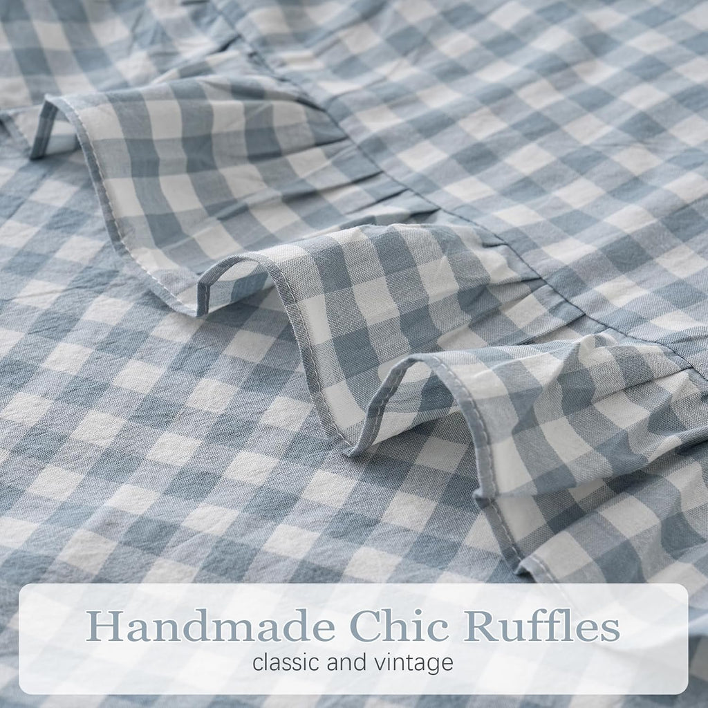 Qilunn Blue White Plaid Ruffled Body Pillow Sham Washed Cotton Shabby Checkered Gingham Pillow Cover 20"x54" Cotton Blue